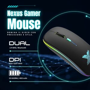 Mouse Wireless Ricaricabile Ergonomico silenzioso Dual-mode Bluetooth & 2.4 Ghz, RGB, Da 800-1600 DPI, Mouse wireless Gaming, Perfetto per pc, Laptop, MacBook, Smartphone, Windows